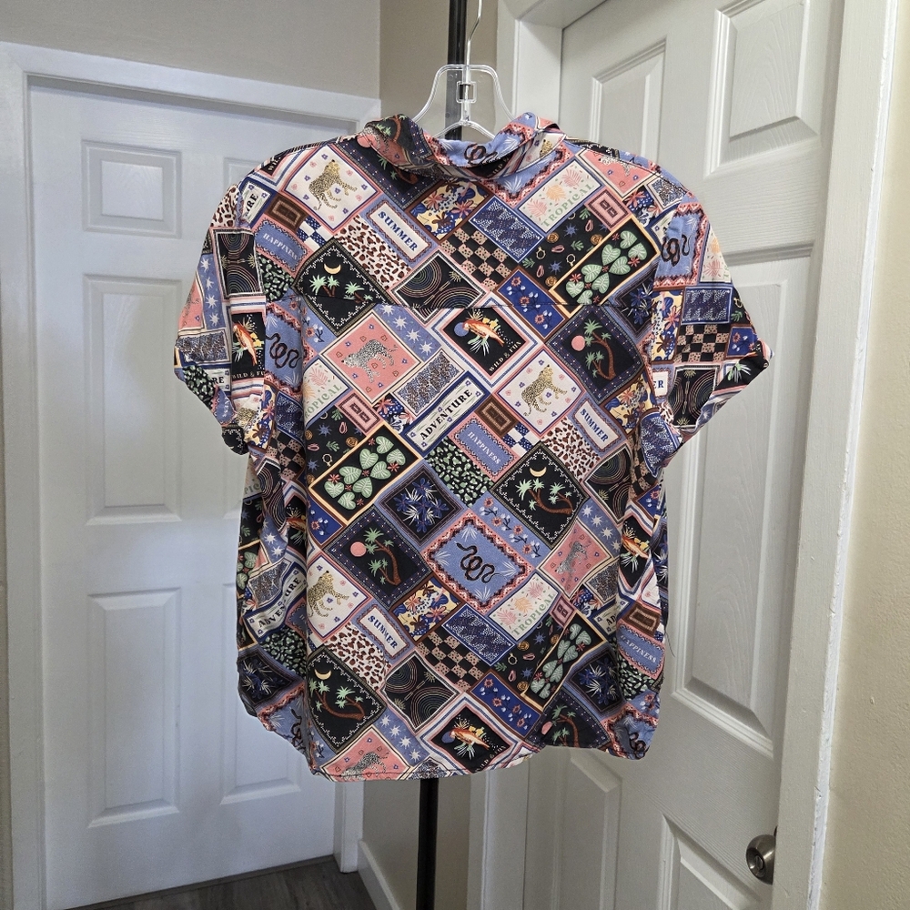 Twik Par Simons 100% Viscose Patchwork Printed Button-Up Blouse - Picture 7 of 7
